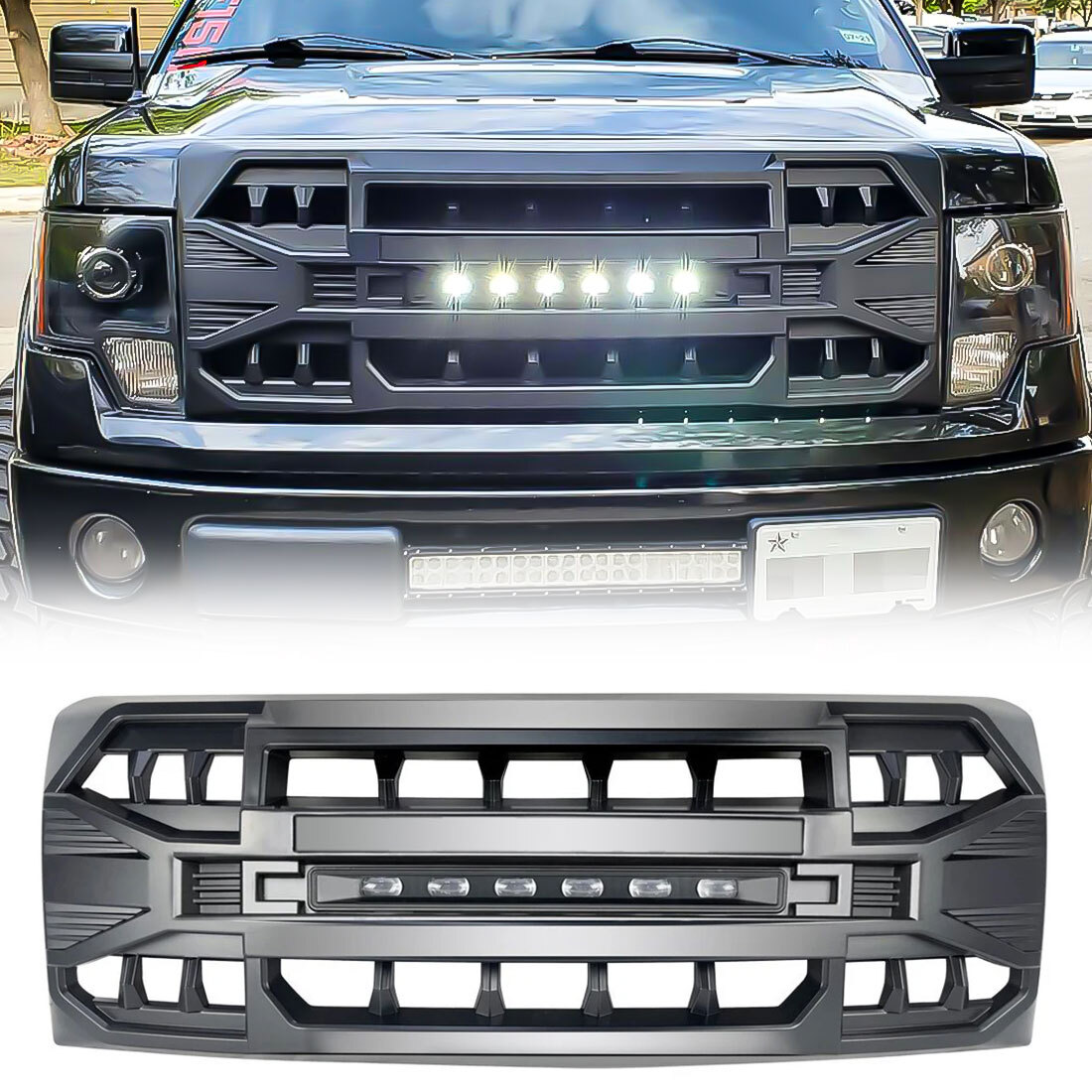 For 2009-2014 Ford F150 Front Bumper Grill Armor Grille w/Off-Road Lights Black