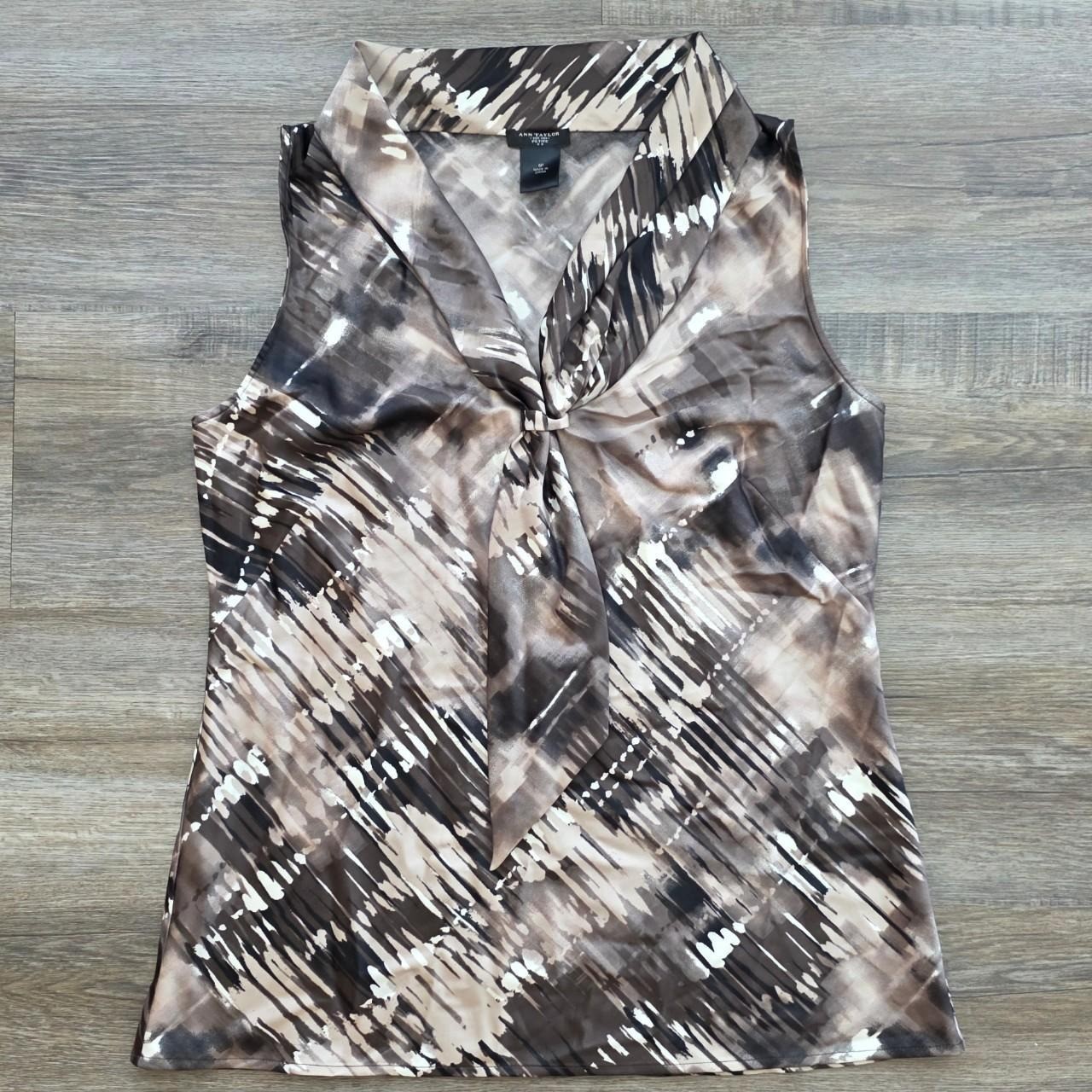 Ann Taylor Petite Brown Abstract Draped Cowl Neck Blouse Size 6P Office Chic