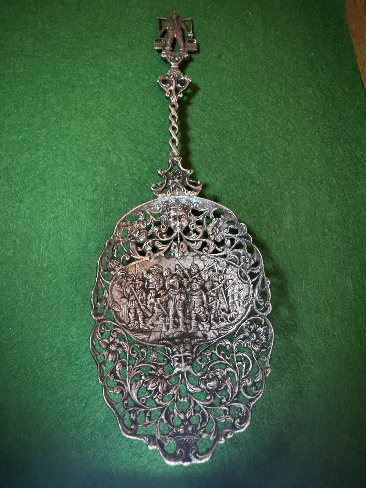 Dutch Openwork Pierced Spoon Military Scene Figural Yoke Finial  1890’s RARE🔥