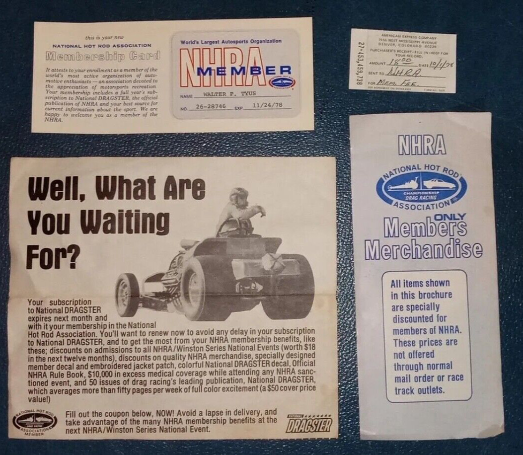VRHTF VTG 1978 National Hot Rod Association NHRA Membership card, Membership Bro