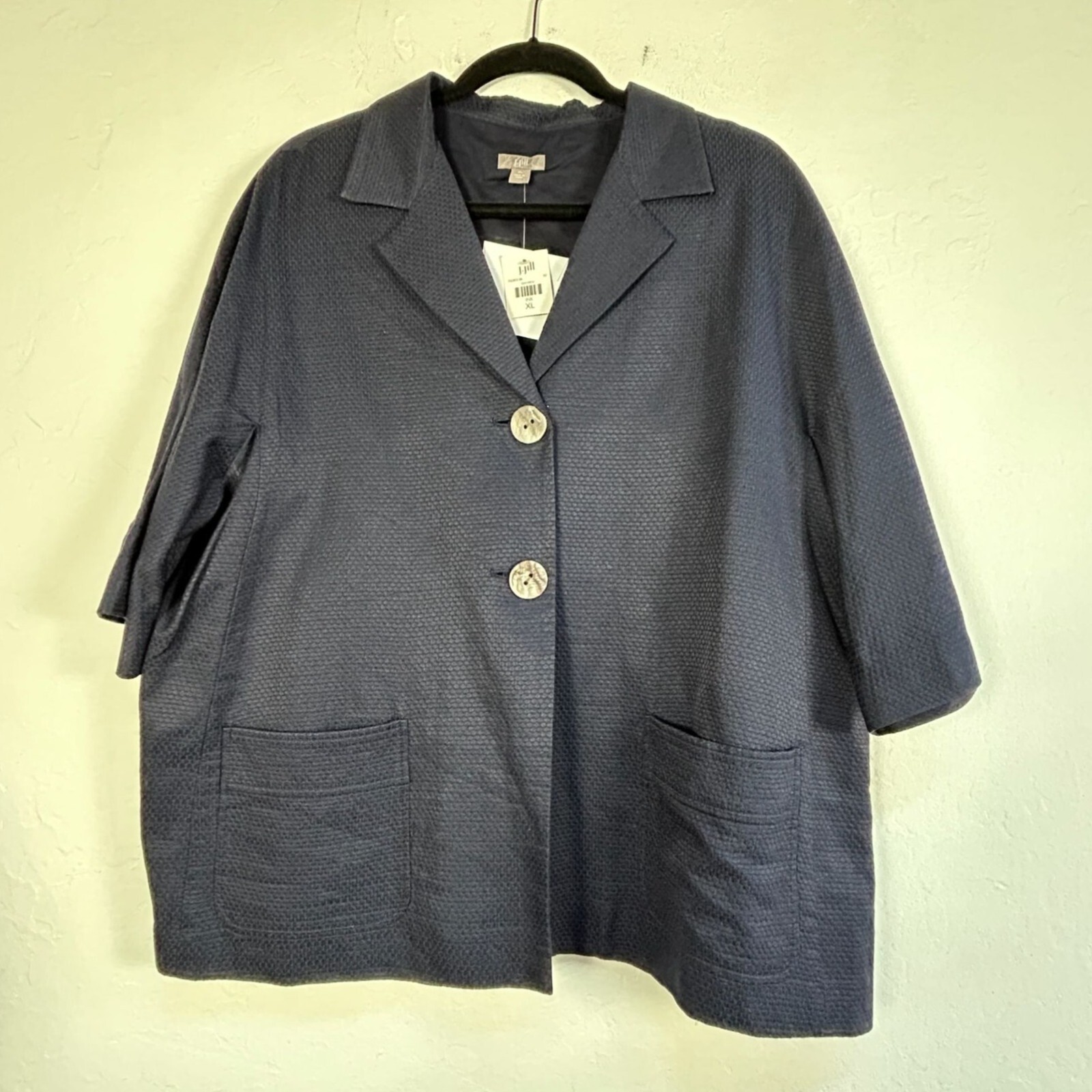 J. Jill Womens XL Ink Blue Silk & Cotton Textured Jacket Two-Button Pockets New J. Jill Womens XL Ink Blue Silk & Cotton Textured Jacket Two-Button Pockets New