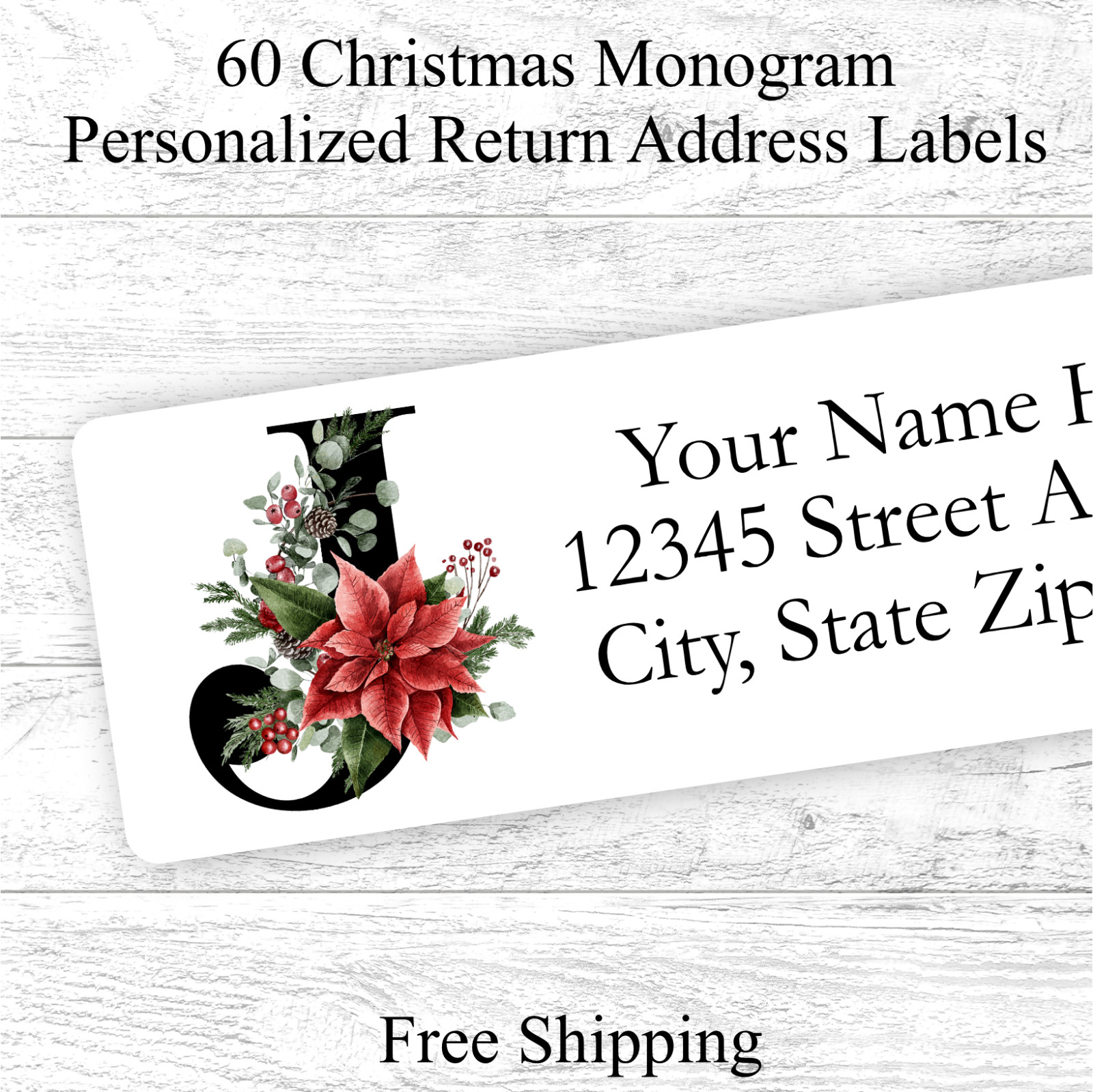 60 Christmas Monogram Return Address Labels Personalized Poinsettia  .75 x 2.25