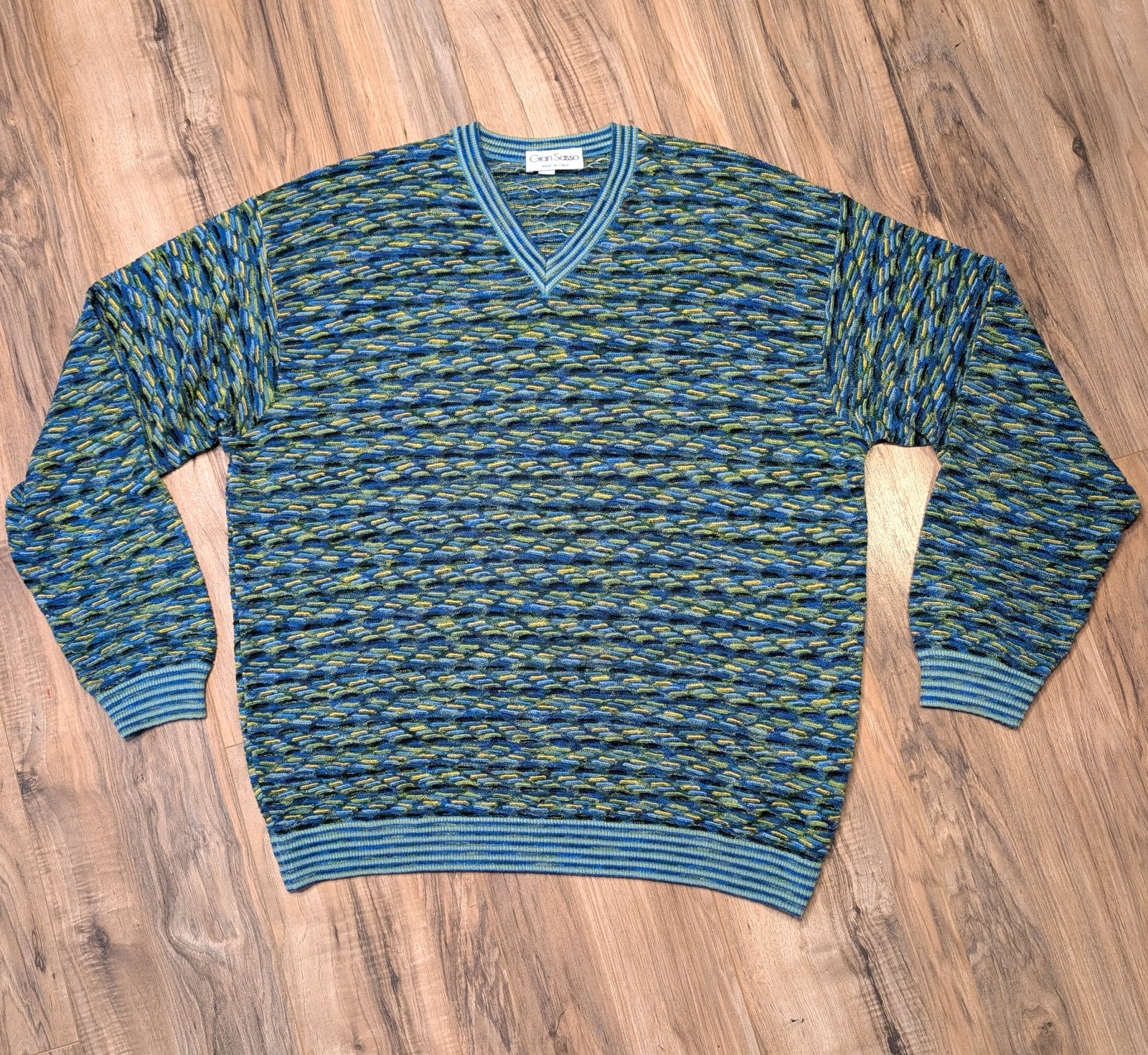 Vintage Gran Sasso Men\'s  Knit Sweater Made in Italy Green & Blue XL Viscose
