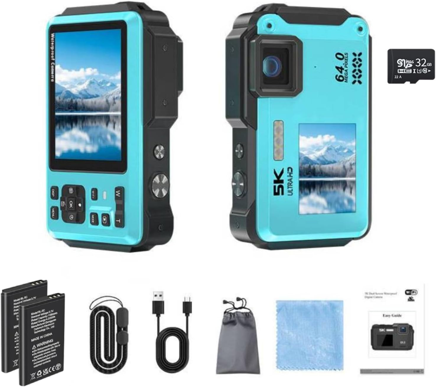 5K Underwater Camera 16FT Waterproof 64MP AF Dual Screen w/ 32GB Card – Blue 5K Underwater Camera 16FT Waterproof 64MP AF Dual Screen w/ 32GB Card – Blue
