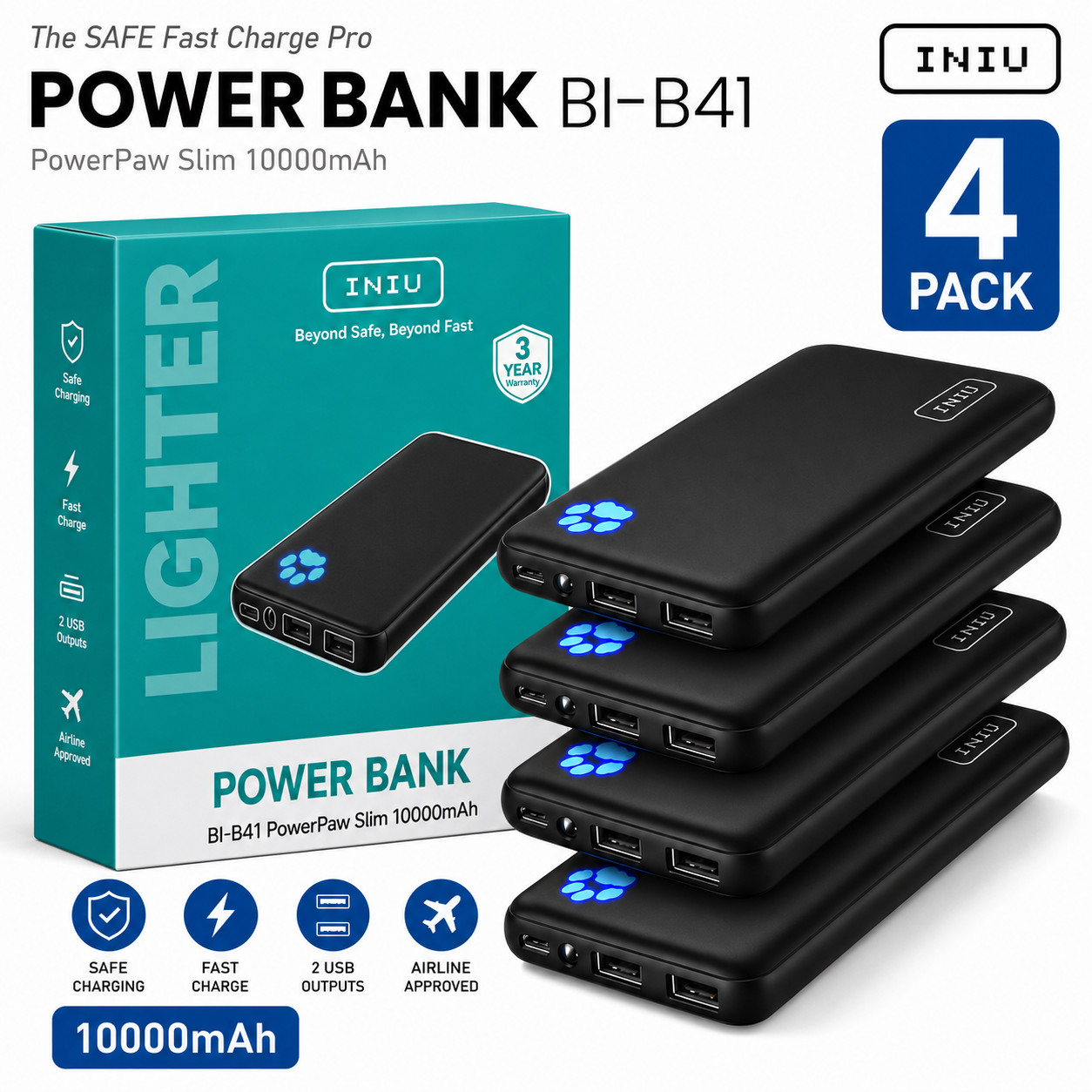 x4 pack INIU Slim Power Bank 10000mAh USB-C Fast Charger with flash light