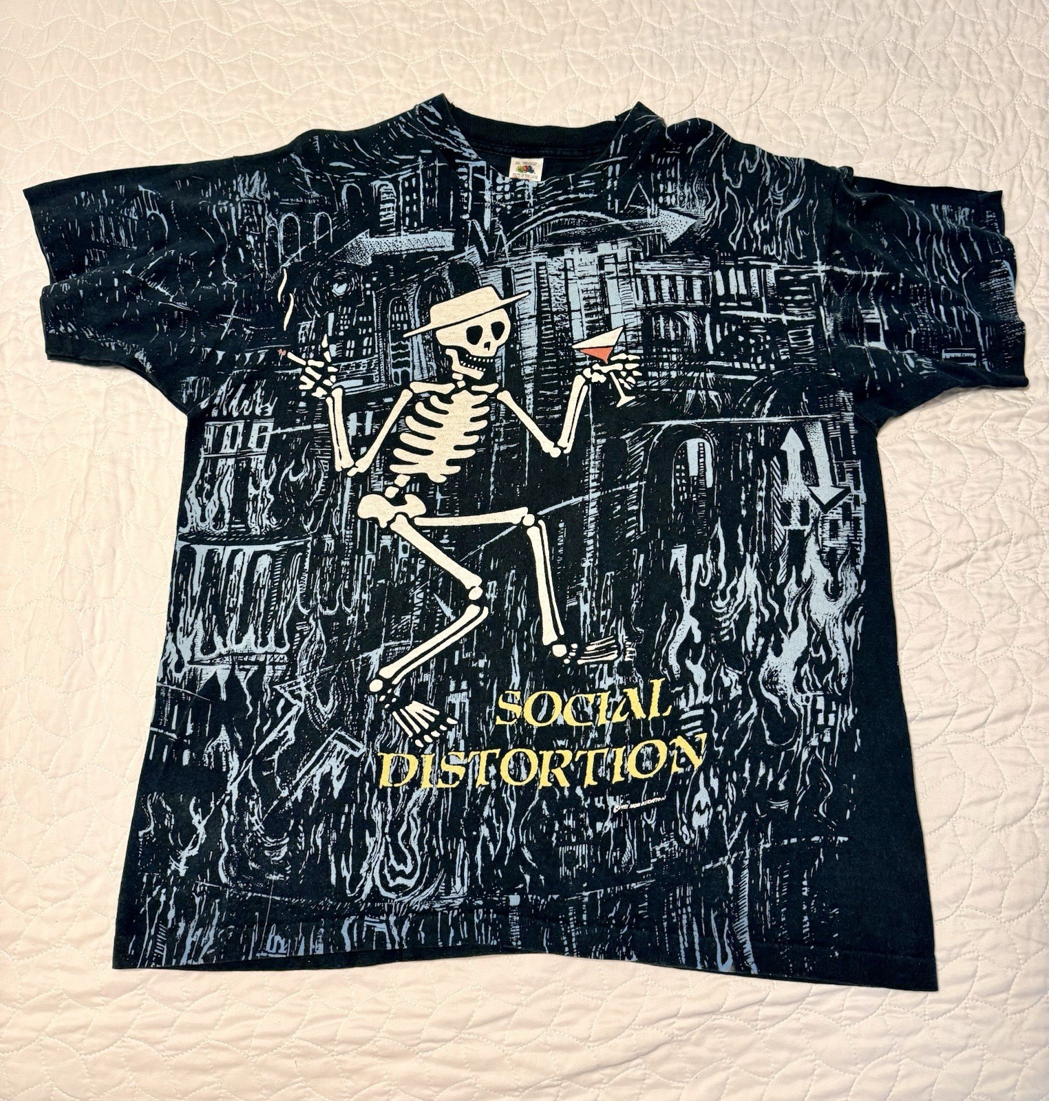 Vintage 1992 Social Distortion Skeleton All-Over Print Tshirt