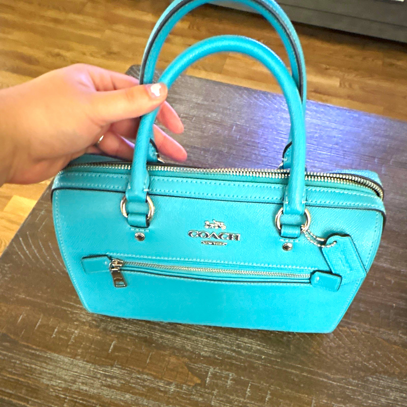 Coach Blue Small Satchel Top Handle Bag Zip Closure Silver Hardware Strap Coach Blue Small Satchel Top Handle Bag Zip Closure Silver Hardware Strap