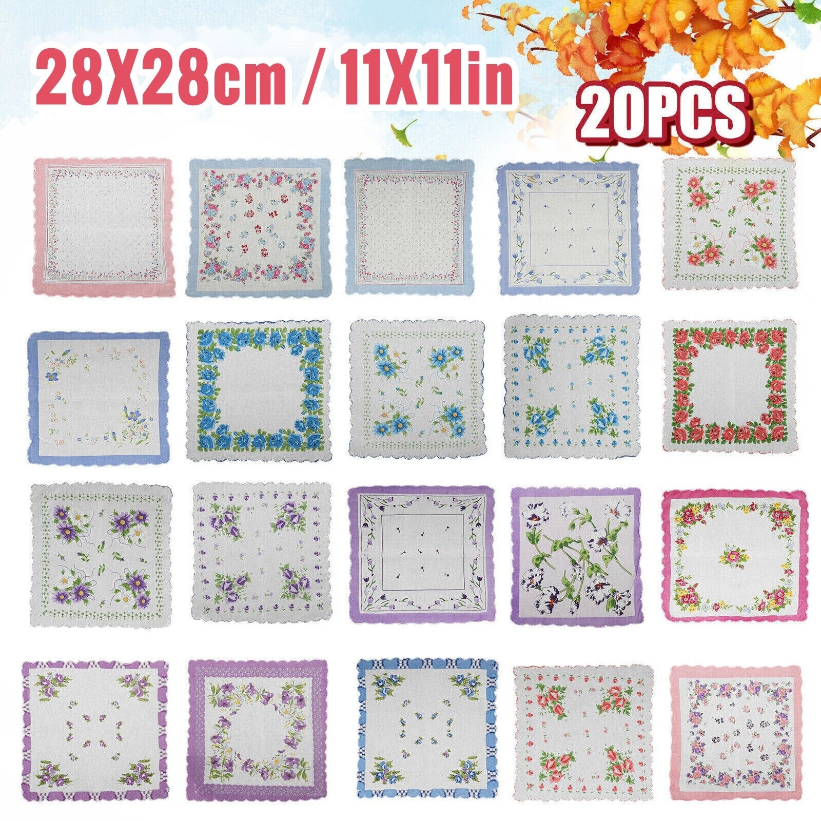 20PCS Ladies Handkerchiefs 100% Cotton Hankies Hankerchief Pocket Vintage Flower 20PCS Ladies Handkerchiefs 100% Cotton Hankies Hankerchief Pocket Vintage Flower