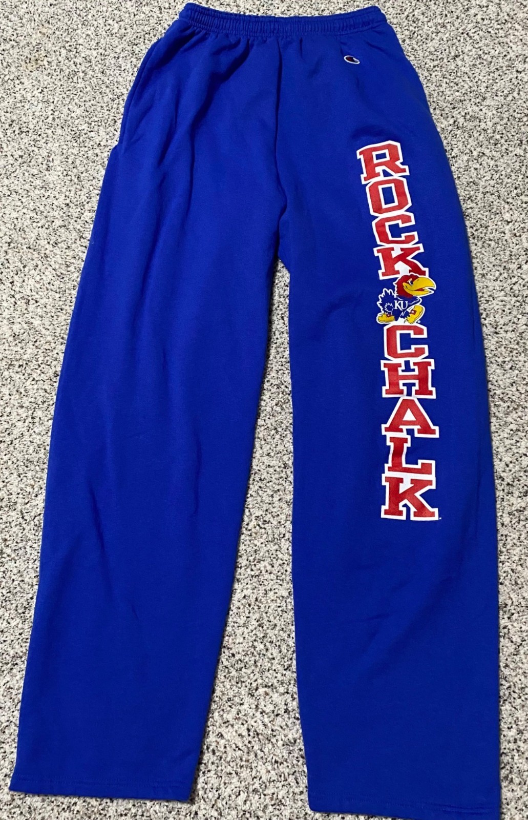 CHAMPION Kansas Jayhawks Men Open Bottom Sweatpants ROCK CHALK Blue Pants MEDIUM CHAMPION Kansas Jayhawks Men Open Bottom Sweatpants ROCK CHALK Blue Pants MEDIUM