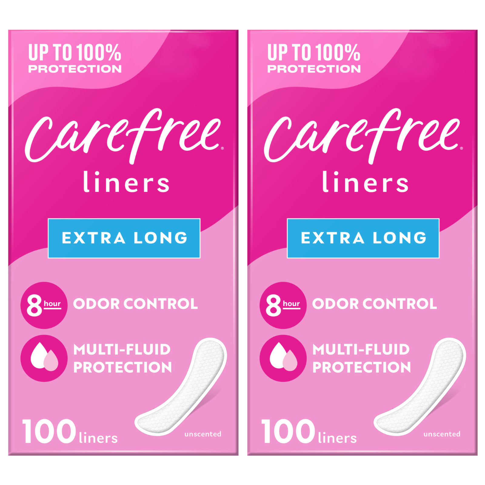 Carefree Extra Long Unscented Panty Liners, 2 Packs of 100