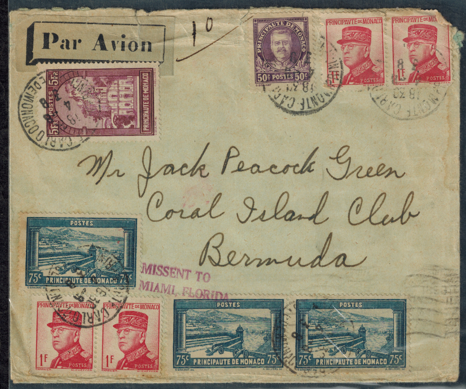 Bermuda 1938 Cover Monaco to Bermuda w/MISSENT TO MIAMI FLORIDA H/S in Violet