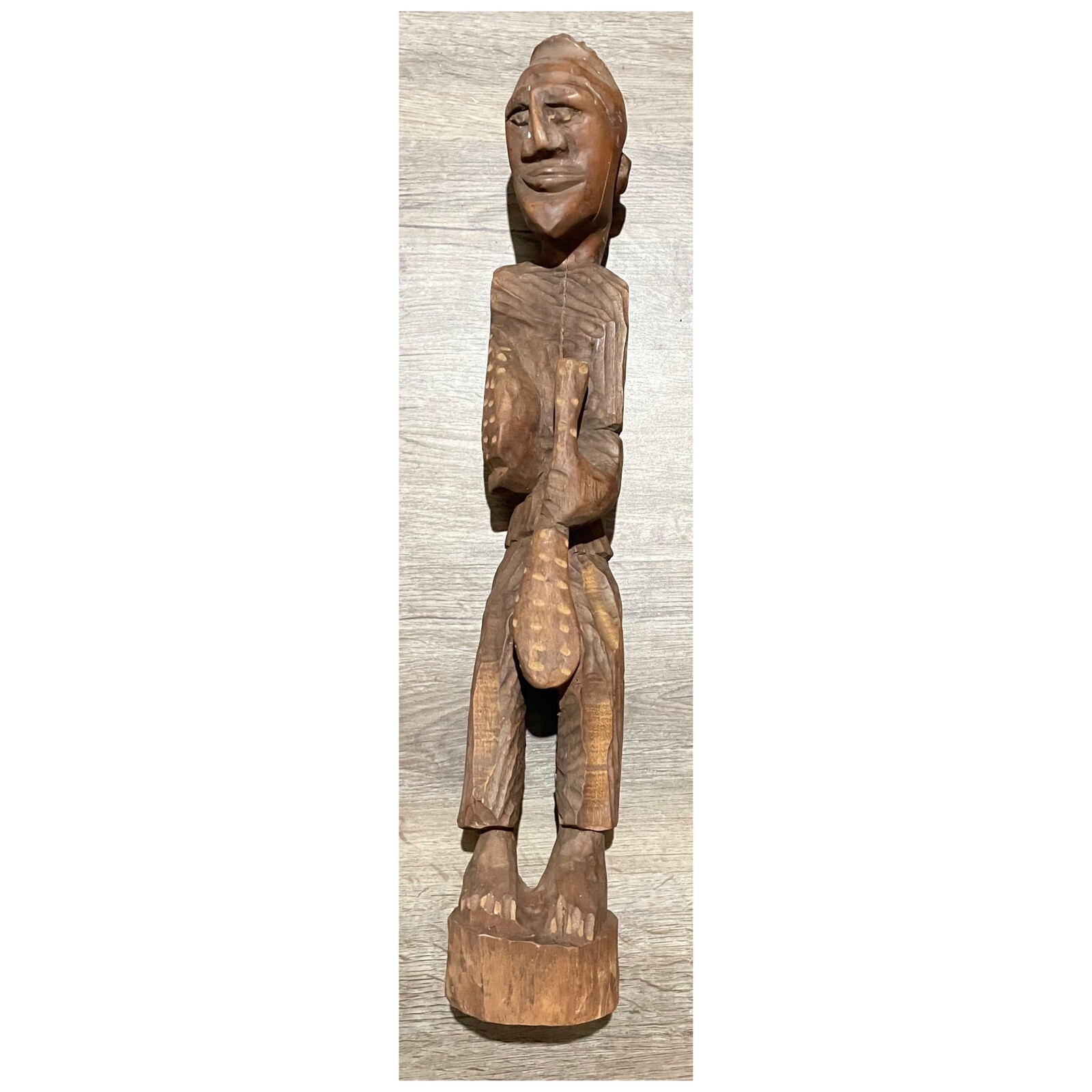 Antique PRIMITIVE Carved Wood Man Holding Paddle African 23” Statue Sculpture