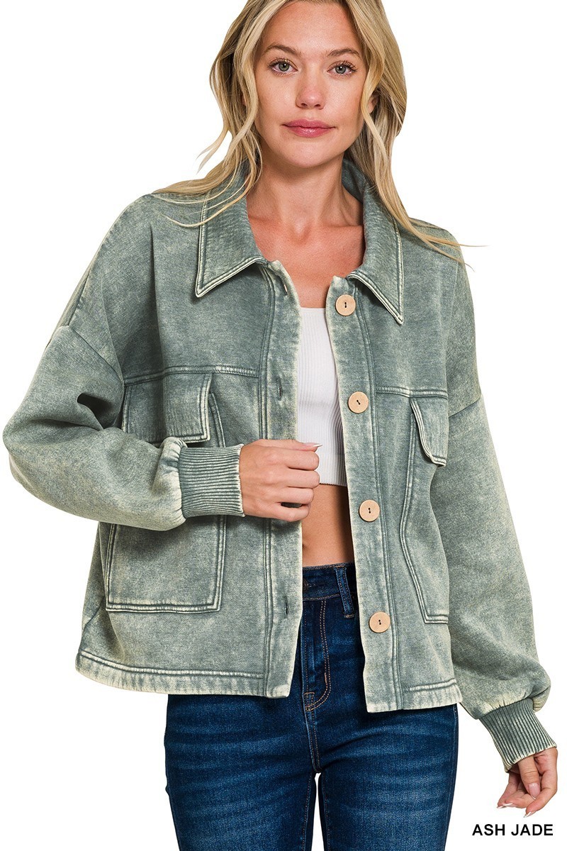 Ladies Zenana Ash Jade Acid Wash Fleece Front Pocket Cropped Shacket