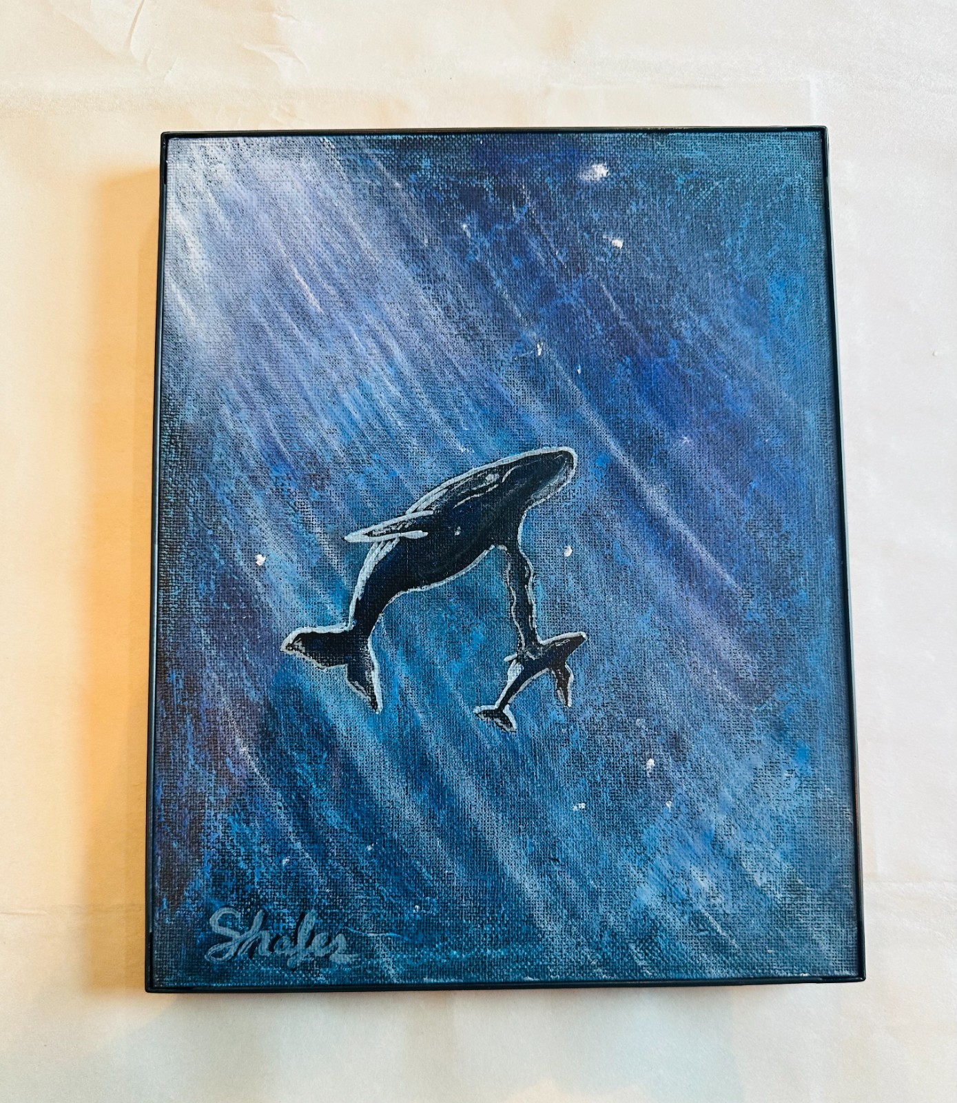 Momma Whale & Baby Deep Blue Sea Pastel oil painting 8x10 framed COA OOAK