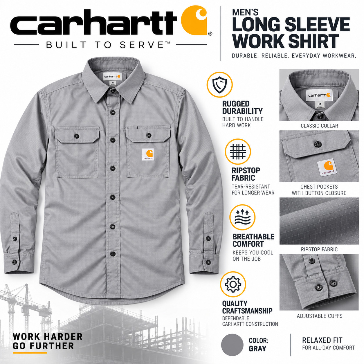Carhartt Mens Long-Sleeve Button-Down Work Shirt, Gray