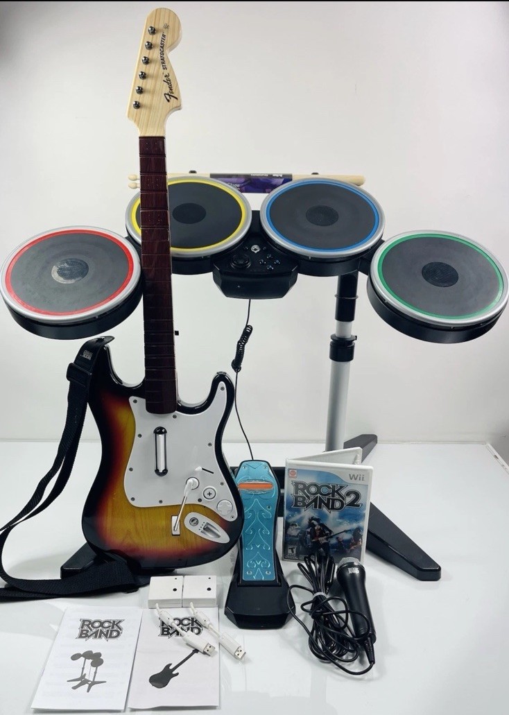 Nintendo Wii Rock Band Bundle Set Guitar Dongles Drums Stand Games Mic Tested Nintendo Wii Rock Band Bundle Set Guitar Dongles Drums Stand Games Mic Tested