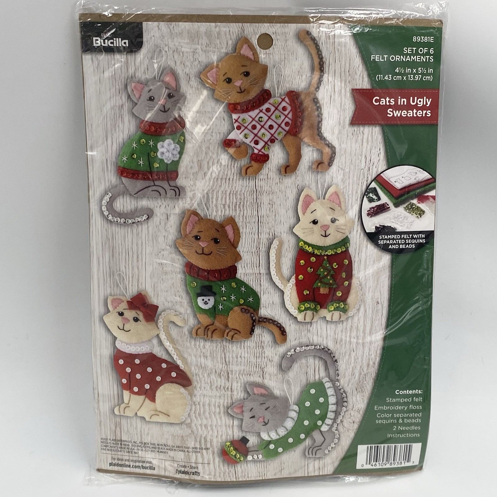 Bucilla Felt Ornaments Applique Kit Set Of 6 Cats In Ugly Sweaters 89381E NEW