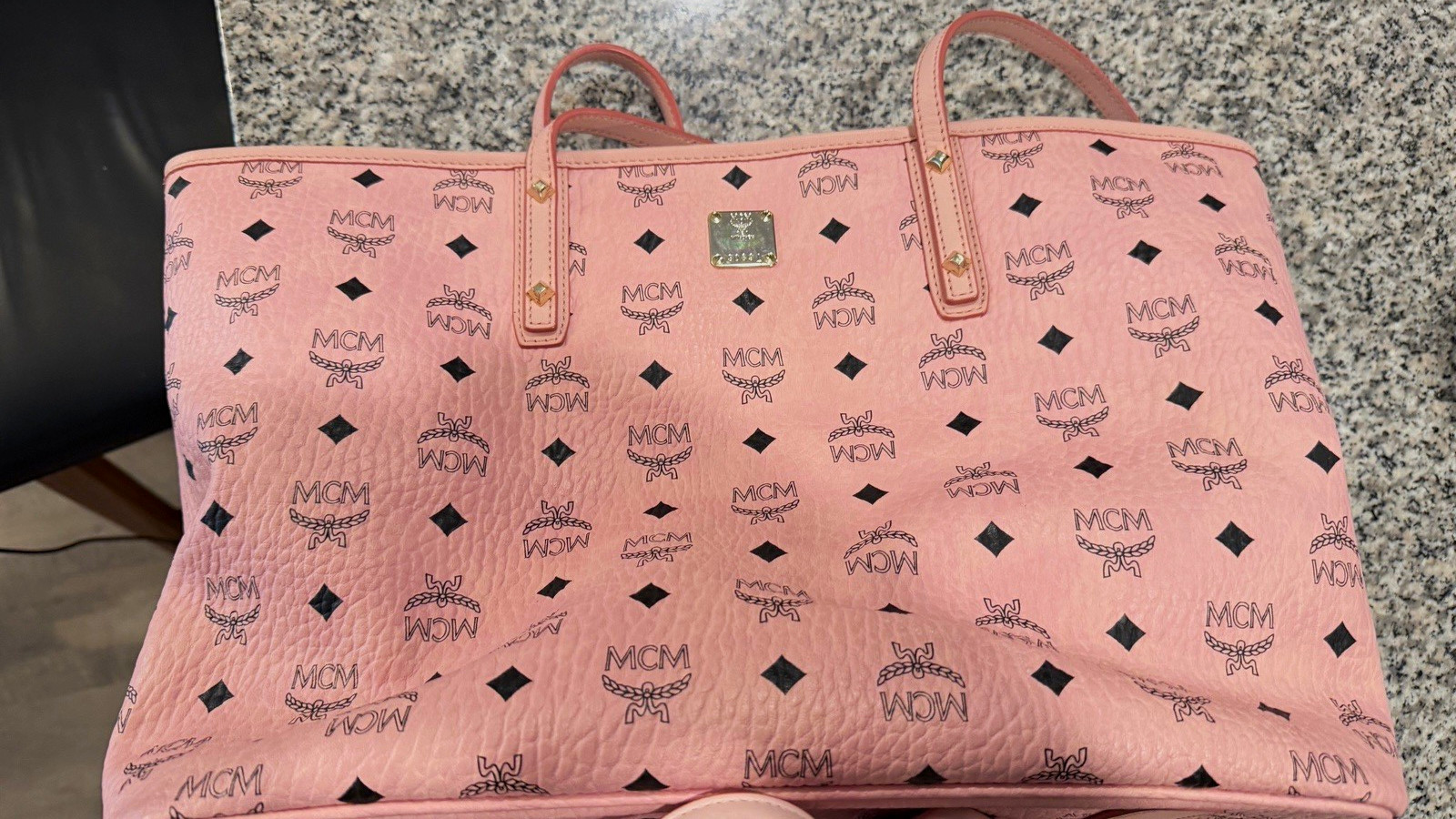 MCM Pink Monogram Tote Bag Double Handles Gold Hardware Lined Inner Pockets
