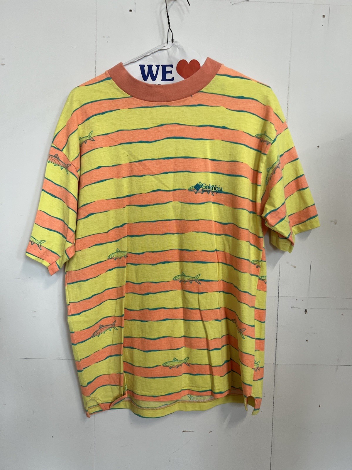 Vintage 80s Columbia Sportswear T Shirt USA Made Fish Striped Neon Medium