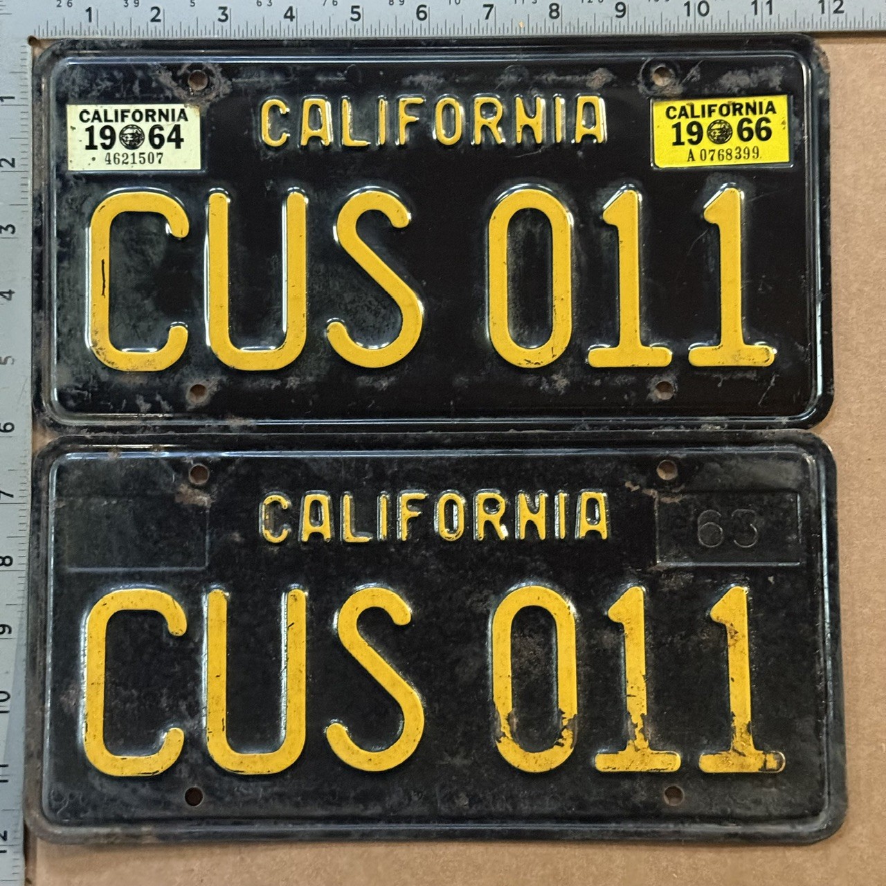 1966 California license plate pair CUS 011 YOM DMV Ford Chevy Dodge 24514 1966 California license plate pair CUS 011 YOM DMV Ford Chevy Dodge 24514