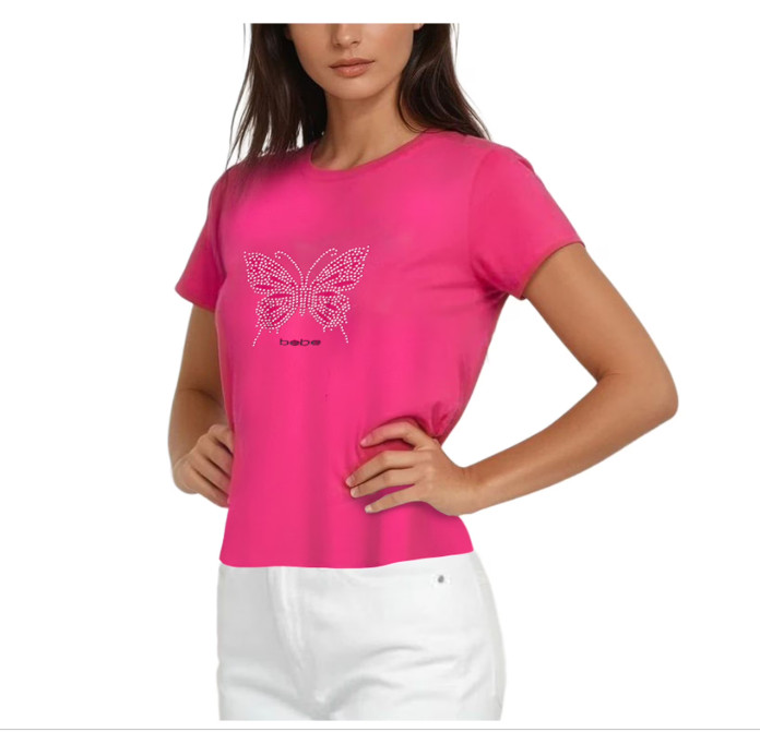 New $39.00 BEBE Women\'s Dazzling Rhinestone Logo Short Sleeve T-Shirt - Size: L
