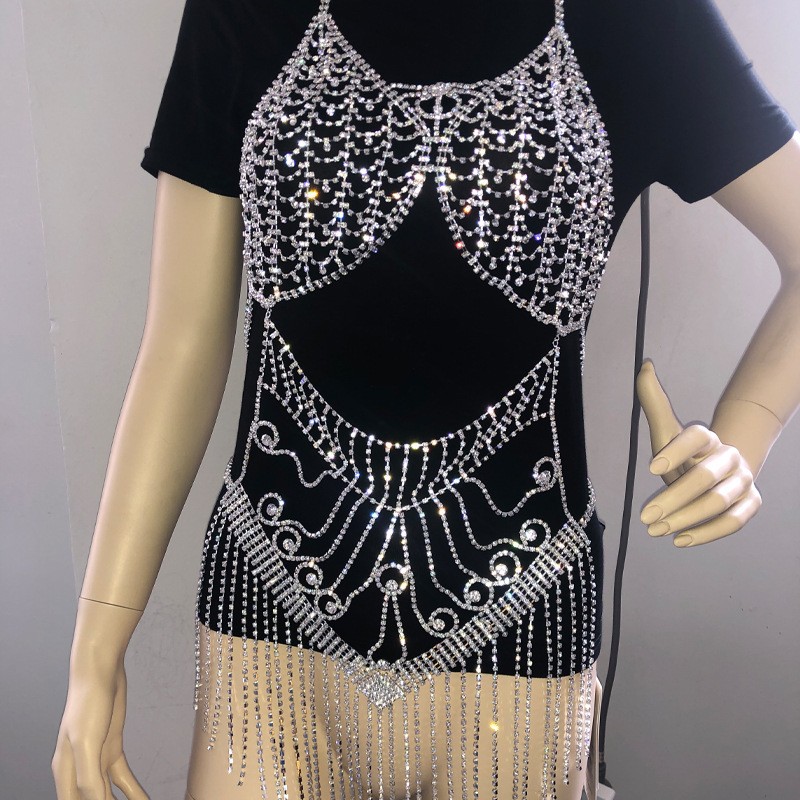 Hot Shiny Jewelry Body Chain Harness Crystal Bra Set Tassel Rhinestone Jewelry