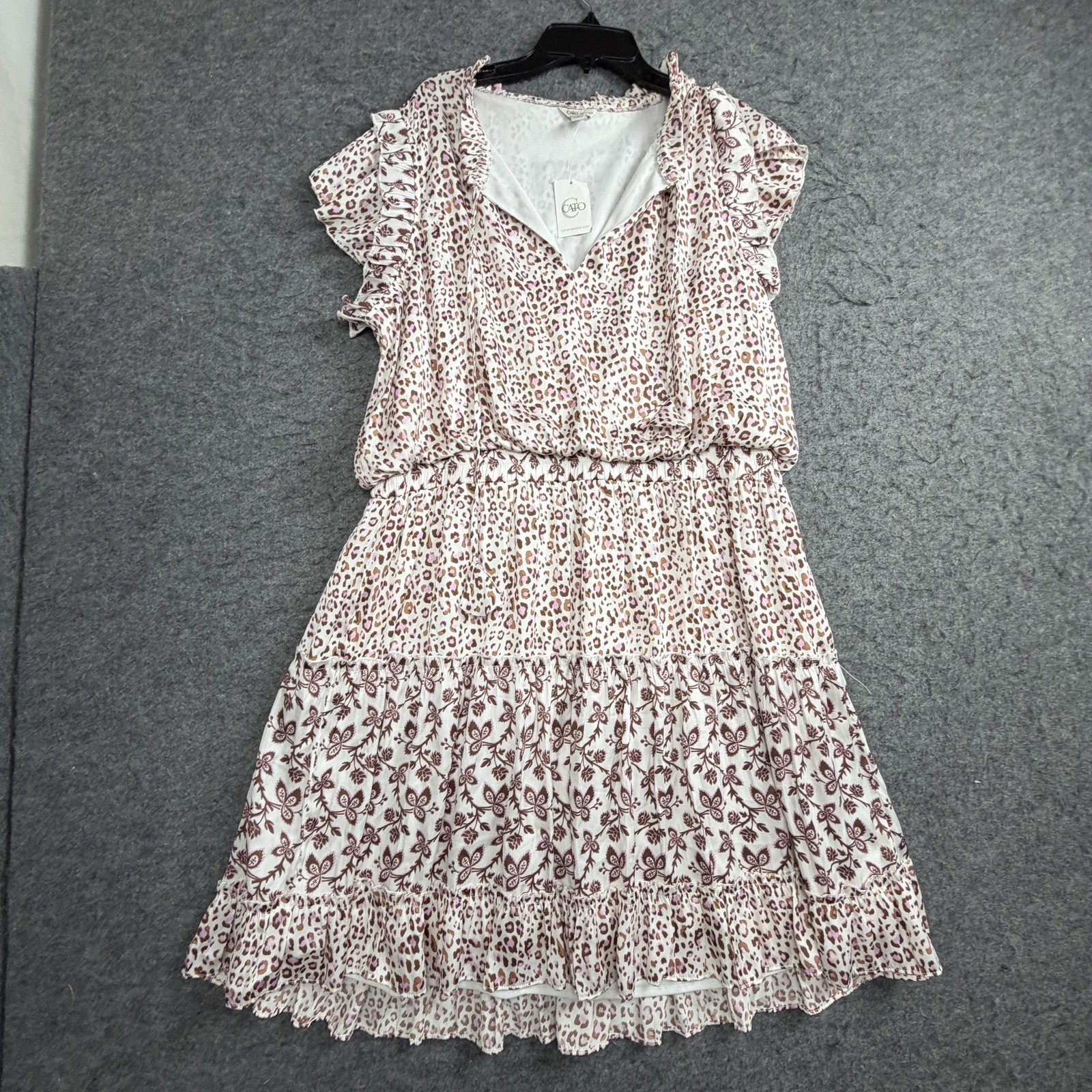 Cato Dress Womens 18/20W White Animal Print Flutter Sleeve Ruffle Tiered Mini