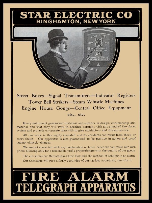 1908 Star Electric Co. of Binghamton New York Fire Alarms NEW METAL SIGN: 12x16\