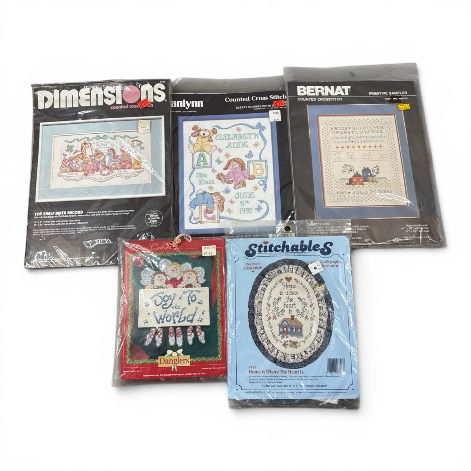 Lot of 5 Counted Crosstitch Kits Dimensions Bernat Janlynn & More