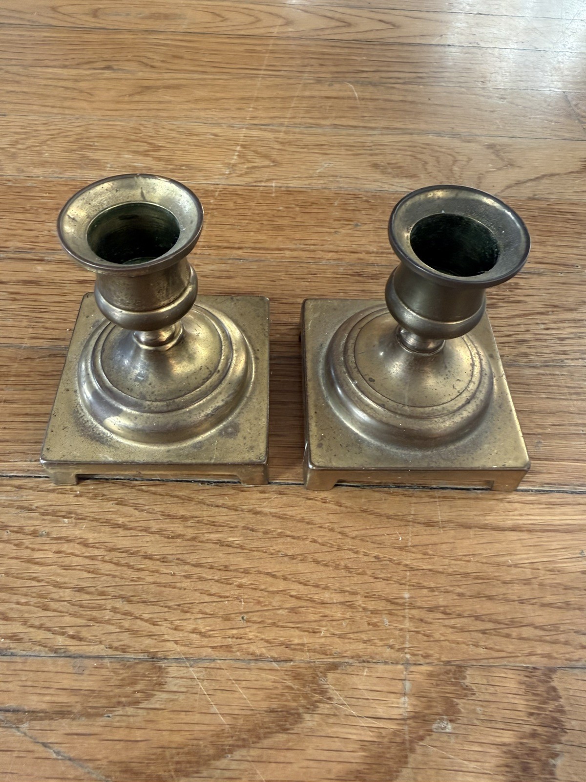Vintage Pair of Brass Candlesticks Square Base Made in England 3 1/4\ Vintage Pair of Brass Candlesticks Square Base Made in England 3 1/4\