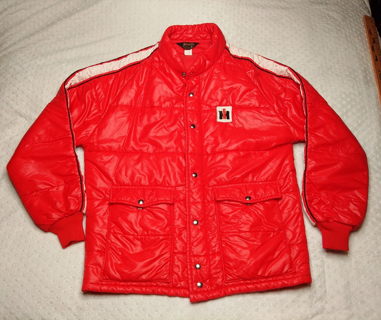 Vtg 80s Swingster International Harvester Puffer Jacket Red Striped Deadstock XL
