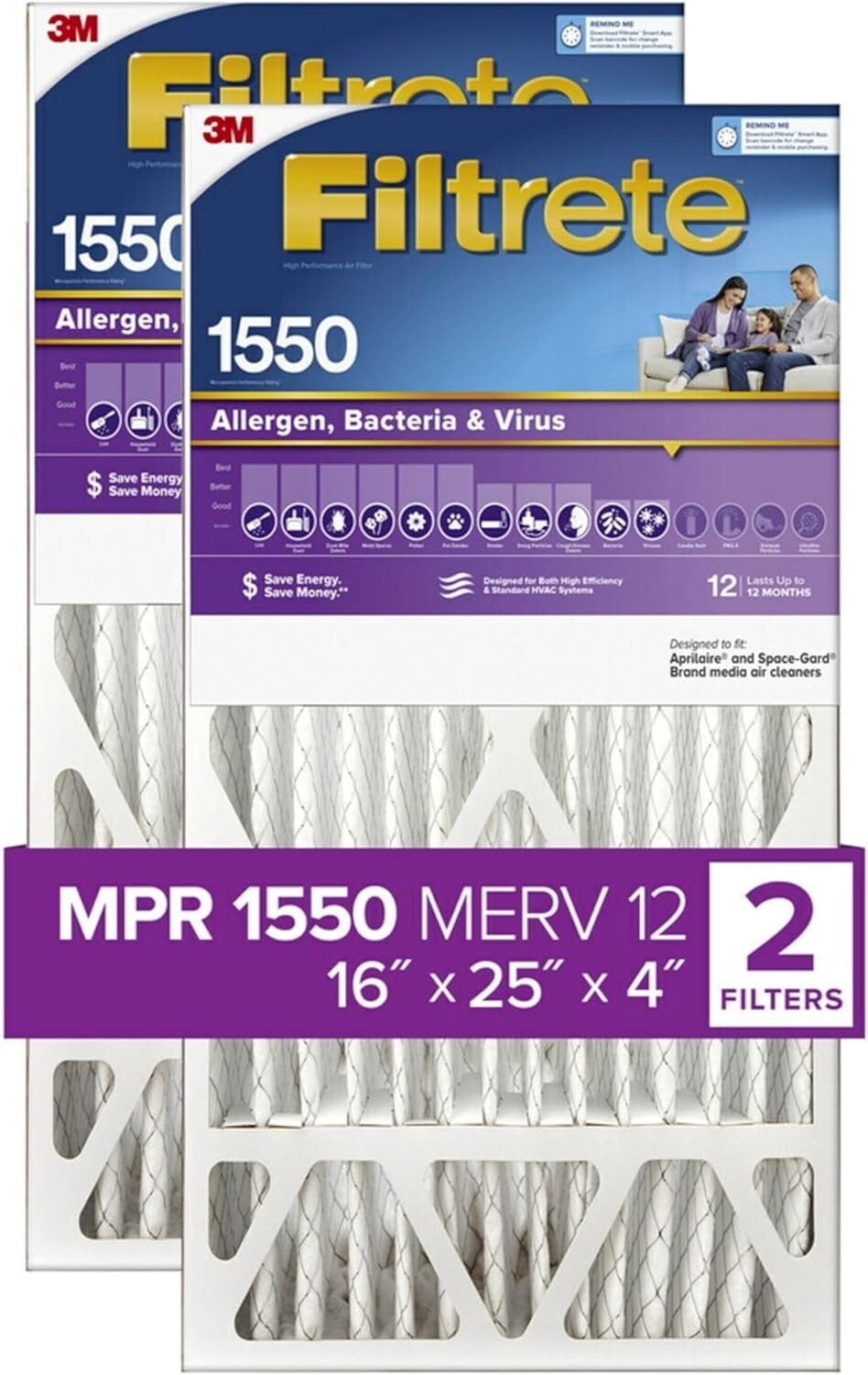 3M Filtrete 16x25x4 Air Filter, MPR 1550, MERV 12 - 2 Filters 3M Filtrete 16x25x4 Air Filter, MPR 1550, MERV 12 - 2 Filters