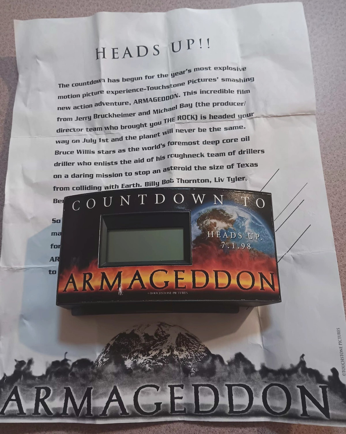 1998 promo Heads Up COUNTDOWN to ARMAGEDDON Movie Doomsday CLOCK Touchstone