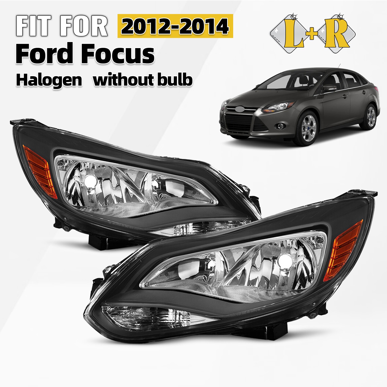 Halogen Headlights For 2012-2014 Ford Focus without Bulbs Black Left +Right Pair