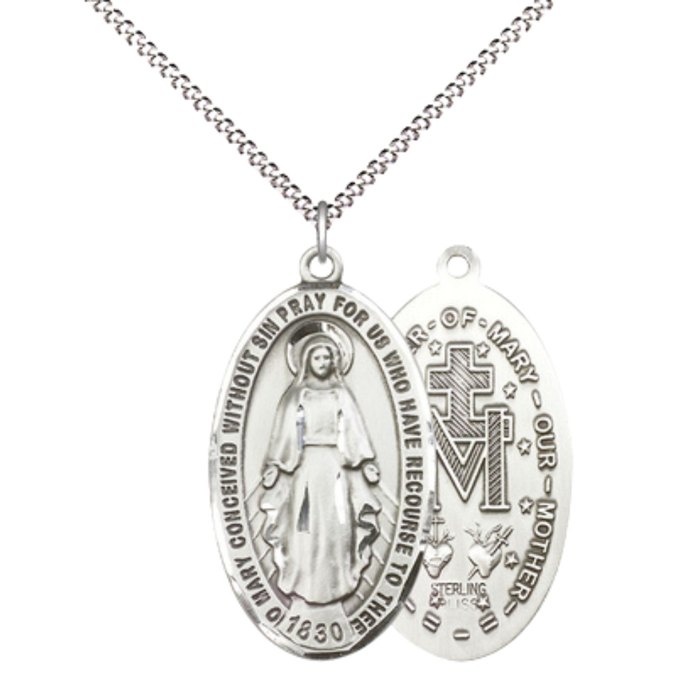 Large Sterling Silver Miraculous Medal Pendant 18\
