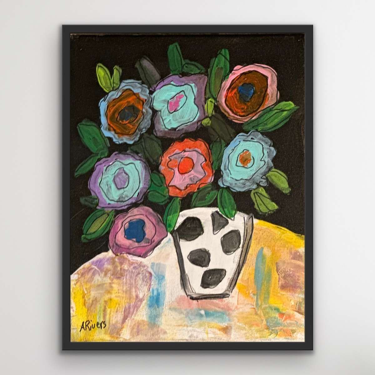 ARivers Modern Abstract Art Dark Floral Painting 14x11 Signed Canvas Original