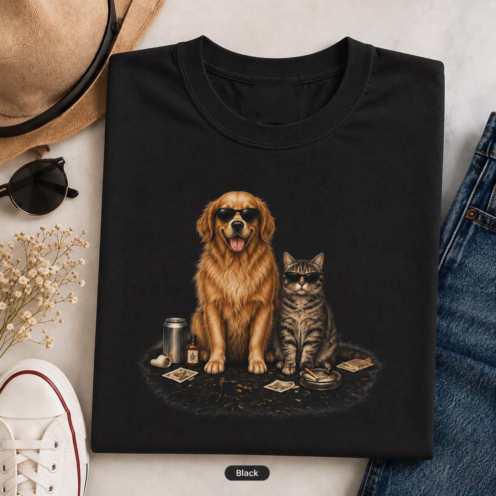 Funny Golden Retriever and Cat Shirt, Vintage Pet Graphic Tee Cool Dog and Cat Funny Golden Retriever and Cat Shirt, Vintage Pet Graphic Tee Cool Dog and Cat