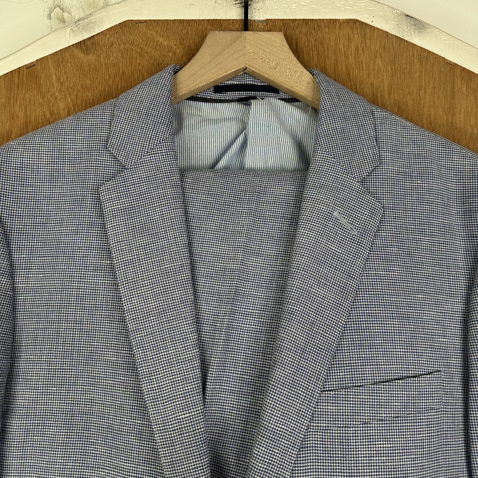 J Crew Suit Mens 40R Navy Blue Houndstooth 2 Button Linen Wool Marzotto 34x31
