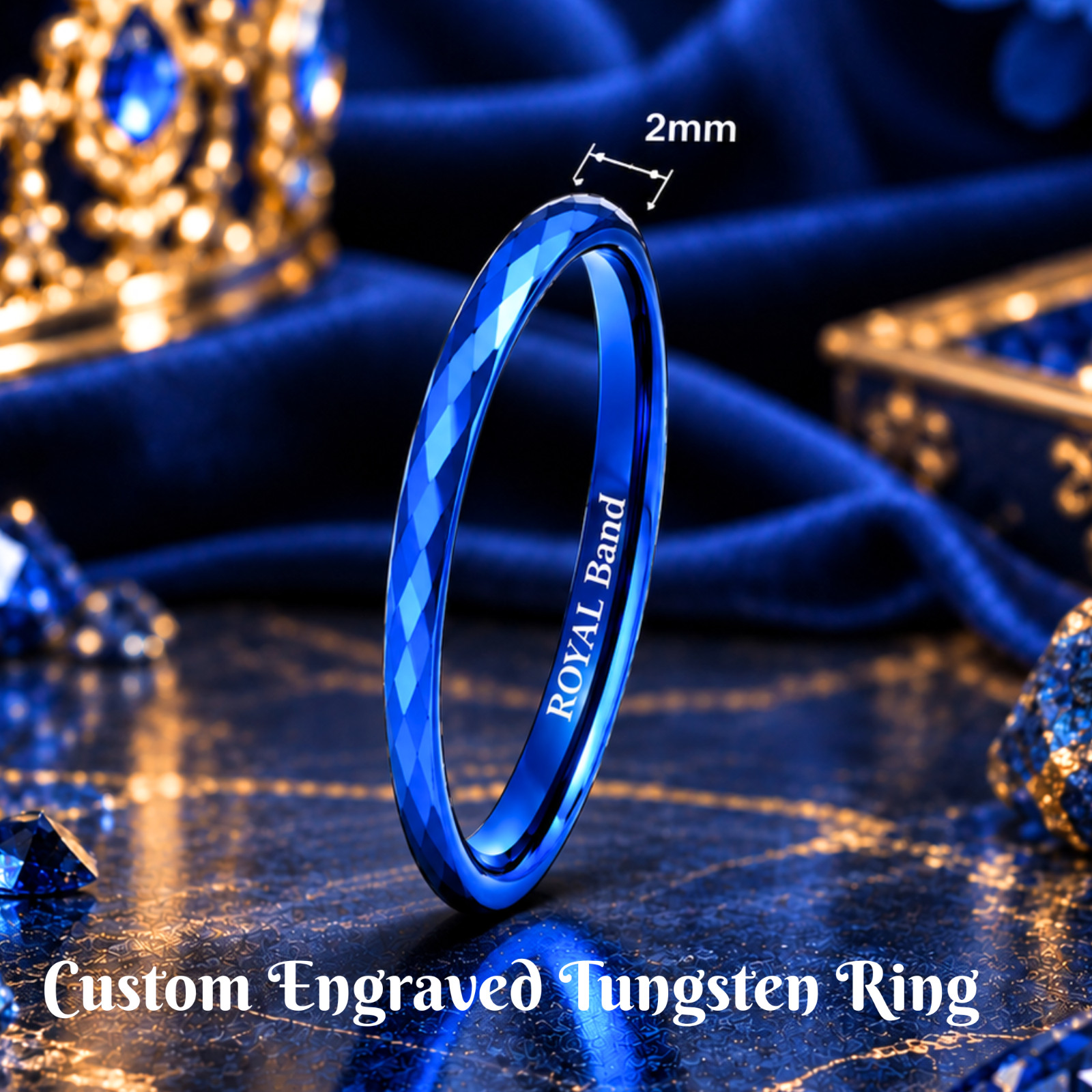 2/4/6/8mm Tungsten Ring With Blue Faceted, Engraved Tungsten Band