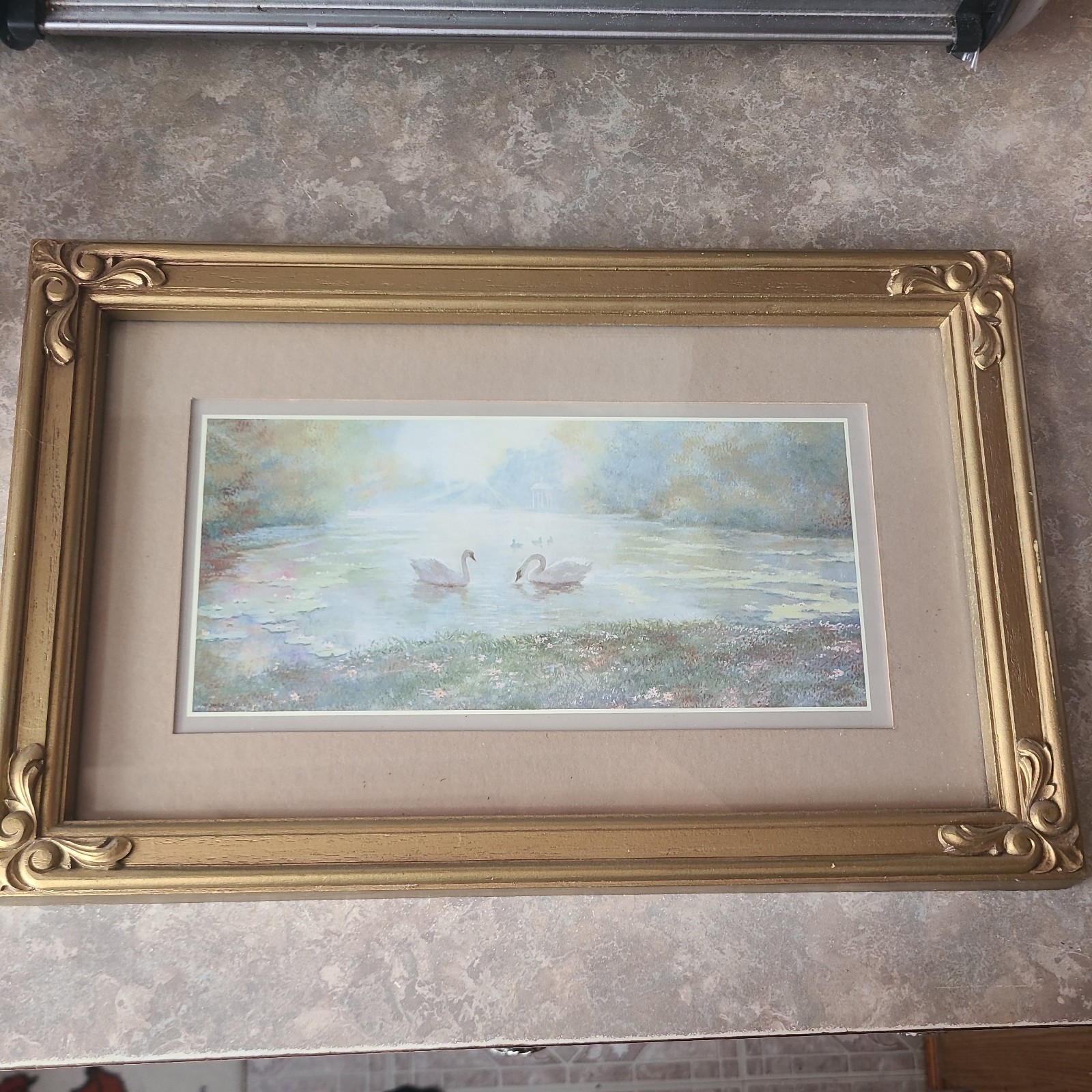 Vintage Homco 15 x 10” Syroco Gold Frame Swan Lake Print Ornate Shabby Granny