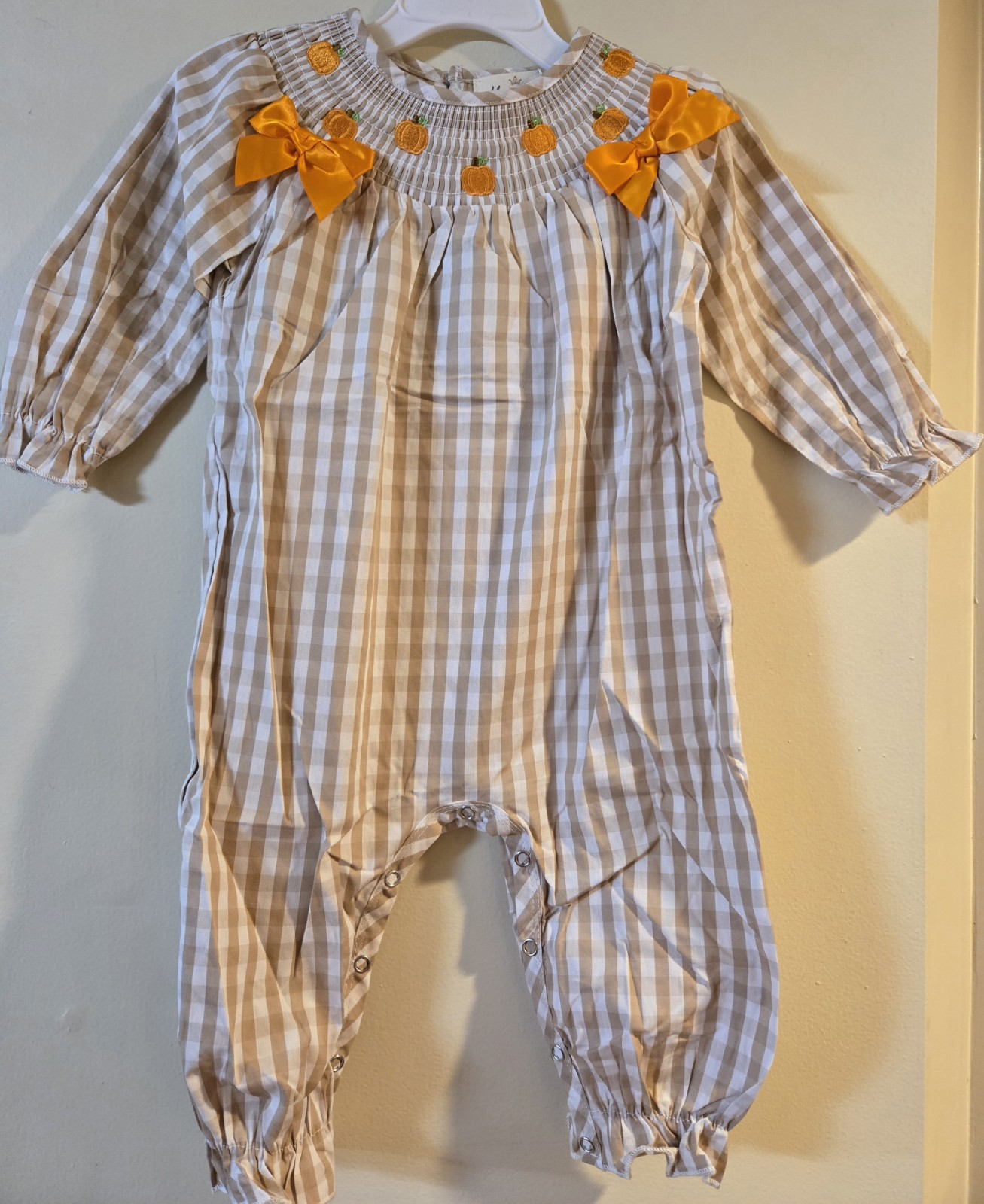 Marie Nicole Sz 12-18 Months Toddler Girls Gingham Pumpkin Romper With Bows NWT