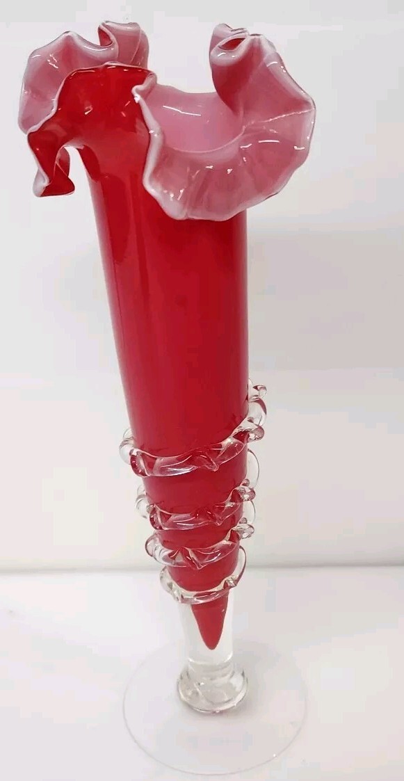 Vintage Red Twisted Stem Glass Vase Twist Wrap Ruffled Vintage Red Twisted Stem Glass Vase Twist Wrap Ruffled