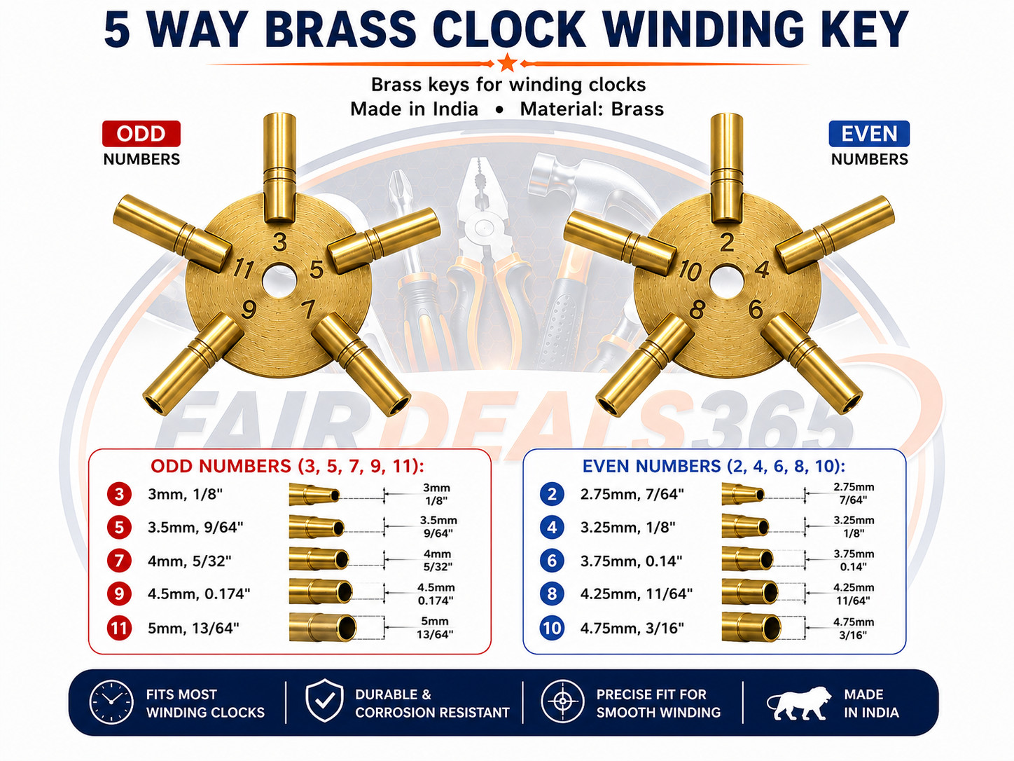 Universal Brass Clock Key for Winding Clocks 5 Prong Even & ODD Numbers Universal Brass Clock Key for Winding Clocks 5 Prong Even & ODD Numbers