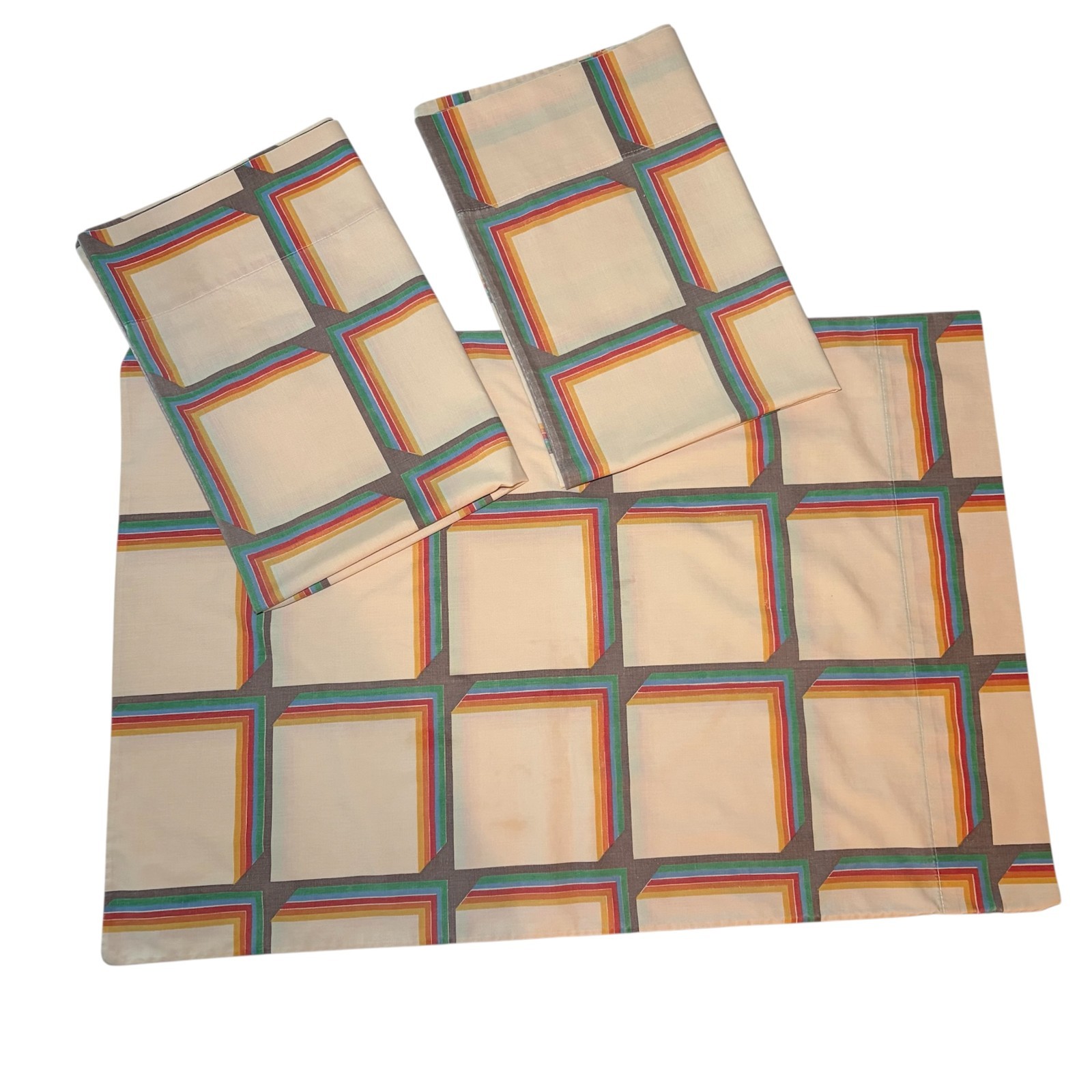 Vintage MARTEX Set of 3 Standard Pillowcases Tan with Rainbow Grid 20x30 INCHES