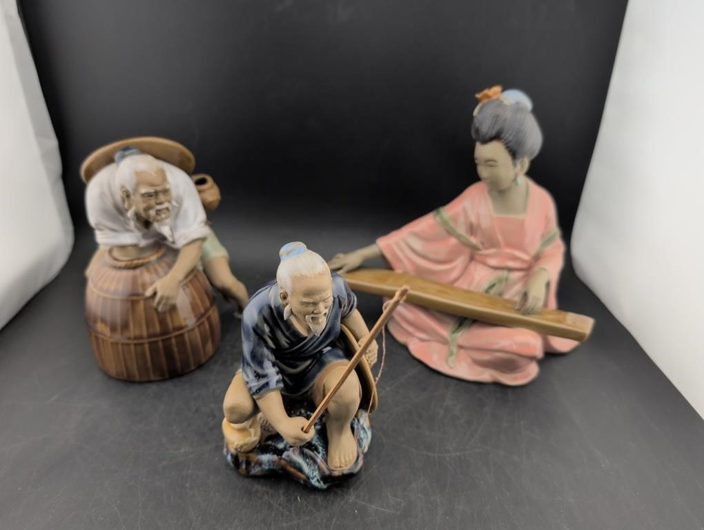 Vintage Chinese Shiwan Mudmen Pottery Figurines Set of 3 Fisherman Musician