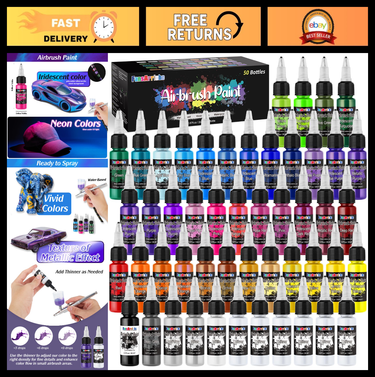 44 Color Acrylic Airbrush Paint Set with Thinners - Ready to Spray Opaque, Neon