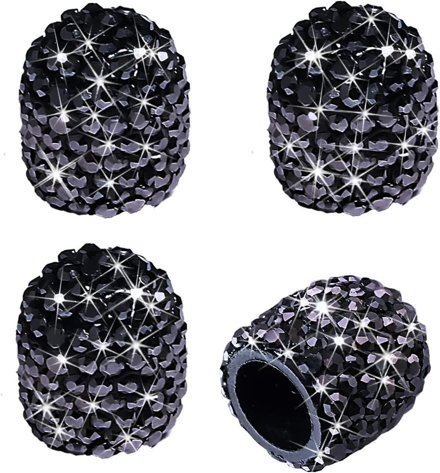 Valve Stem Caps, 4 Pack Handmade Black Crystal Rhinestone Universal Car Tire Val