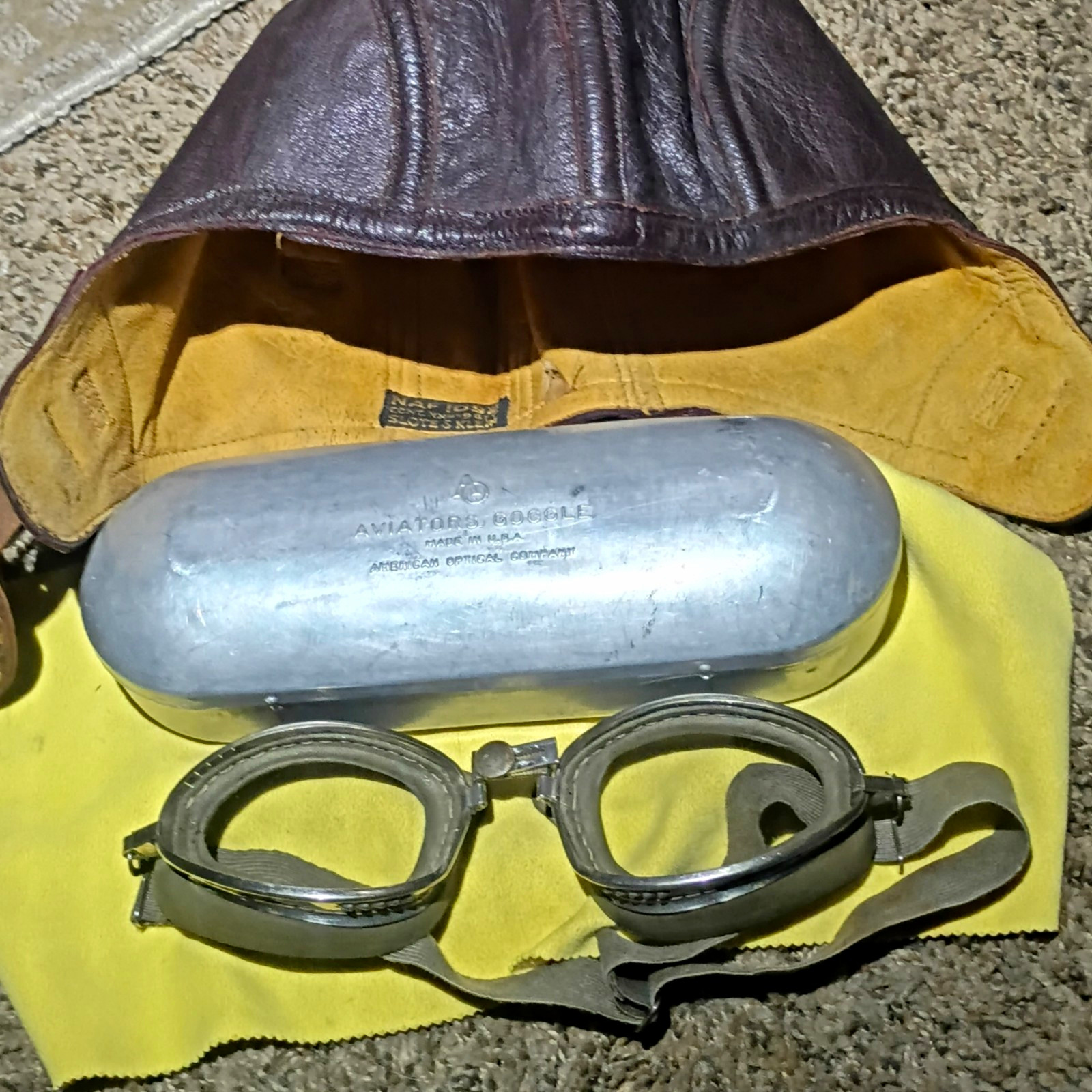 American Optical Company 1930s Aviator Goggles Silver Metal Frame w/ Case