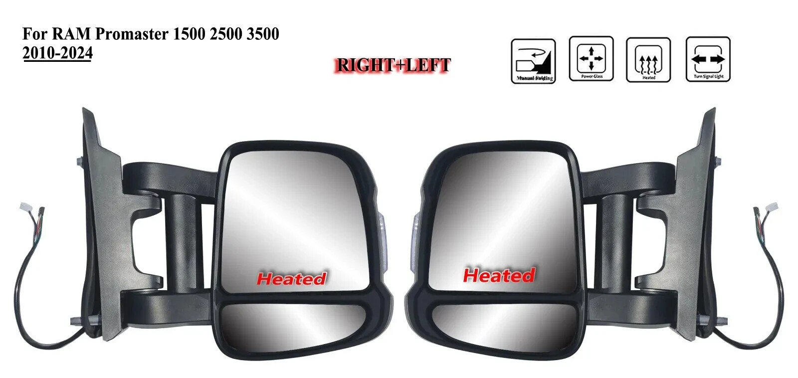 Pair Left+Right Side Door Mirror Long Extended Arm Power For 10-24 RAM Promaster