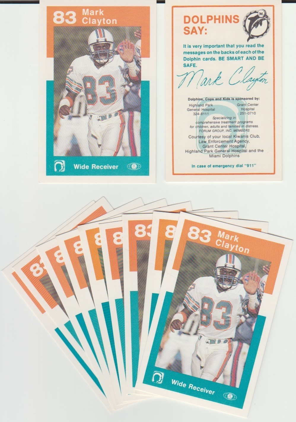 Mark Clayton RC rookie card, 1984 Miami Dolphins Police card #83